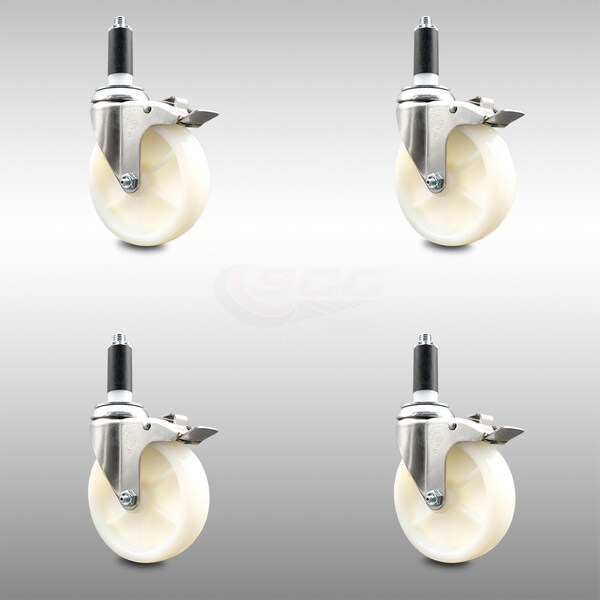 5 Inch 316SS Nylon Wheel Swivel 1 Inch Expanding Stem Caster Set Lock Brake